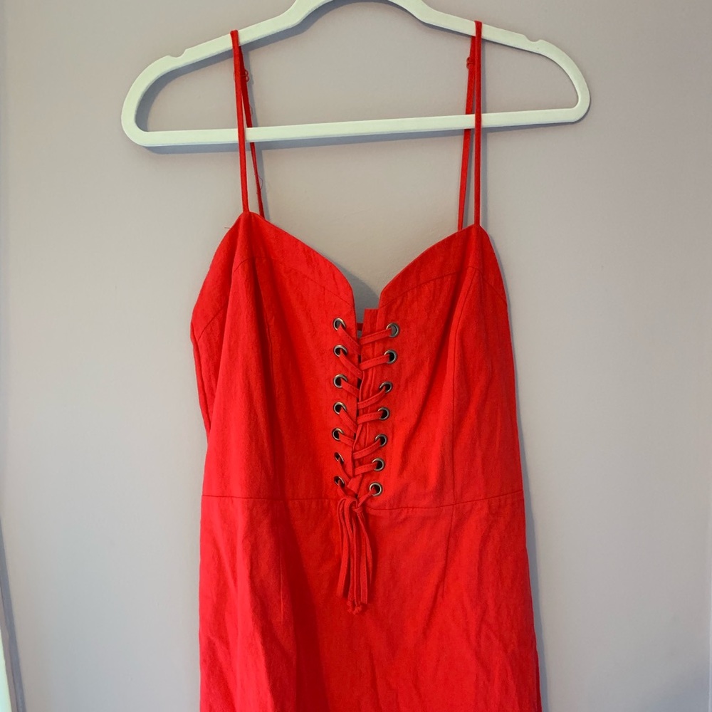 strappy lace up red dress.